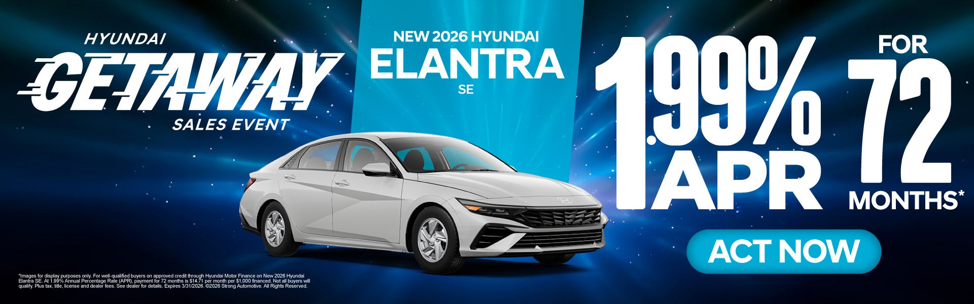 New 2026 Hyundai Elantra SE 	1.99% apr/ 72 mo*