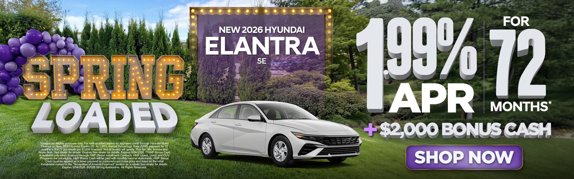 New 2026 Hyundai Elantra SE 	1.99% apr/ 72 mo* + $2,000 BONU