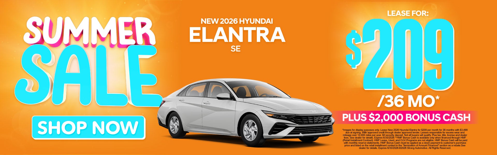 New 2026 Hyundai Elantra SE 	lease $209 / 36 mo* + $2,000 BO
